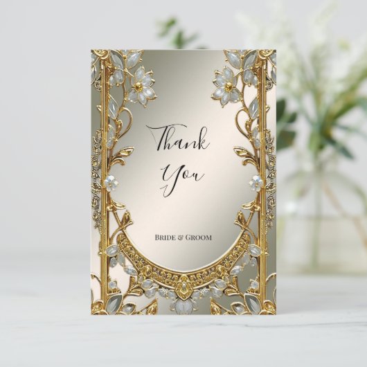 Carte de remerciements Floral Blanc Orné Or (Debout devant)