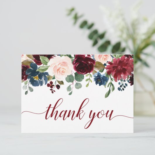 Carte De Remerciements Floral bleu Blush de la marine de Bourgogne (Debout devant)