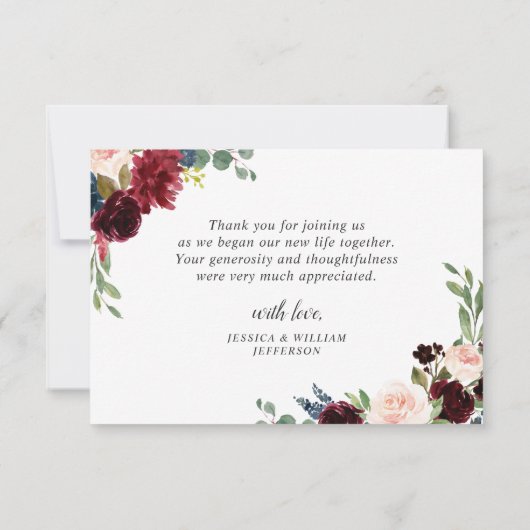 Carte De Remerciements Floral bleu Blush de la marine de Bourgogne (Dos)