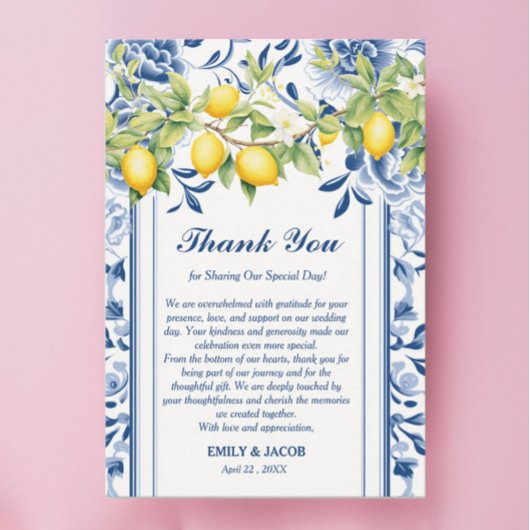 Carte De Remerciements Floral bleu et Mariage citron