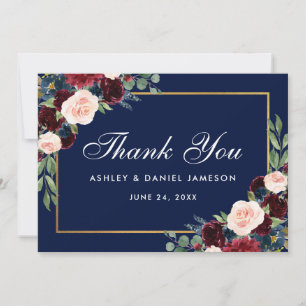 Carte De Remerciements Floral Burgundy Blue Gold Mariage