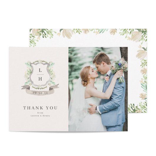 Carte De Remerciements Floral Crest Aquarelle Monogramme Mariage