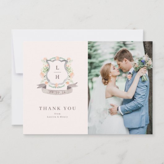 Carte De Remerciements Floral Crest Aquarelle Monogramme Mariage (Devant)