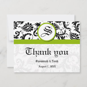 Carte De Remerciements Floral Damask noir et blanc avec vert