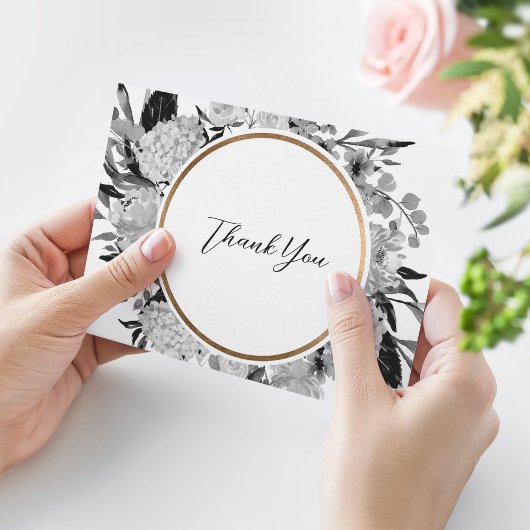 Carte De Remerciements Floral d'aquarelle noir et blanc moderne