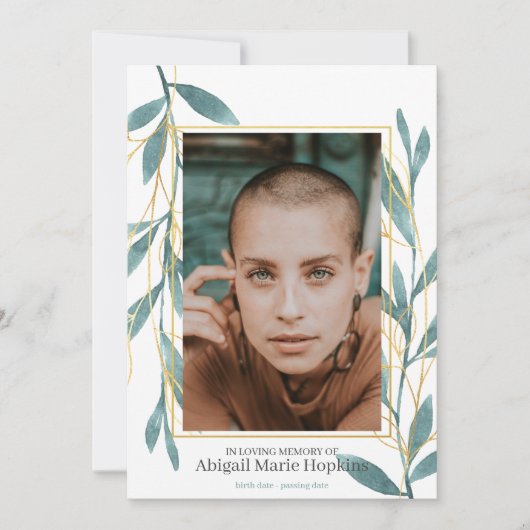 Carte De Remerciements Floral De Verdure Dorée En Mémoire D'Amour Funérai (Devant)