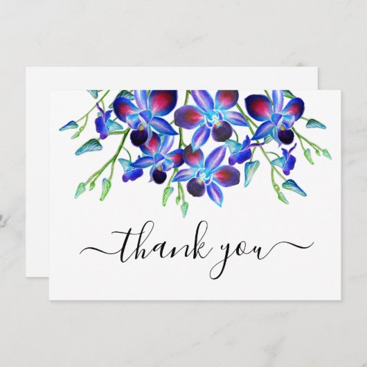 Carte De Remerciements Floral Elegant Aquarelle Bleu Orchidées Script (Devant / Derrière)