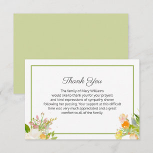 Carte De Remerciements Floral Funeral Family Thank You Note Card