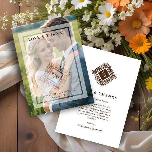 Carte De Remerciements Floral Ornate Frame in Diamond Shape with Initials