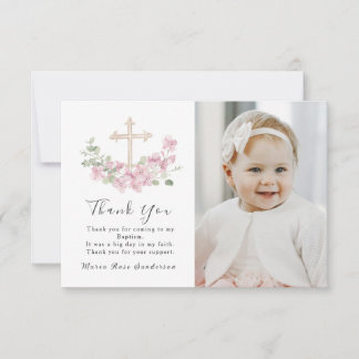 Carte De Remerciements Floral Pink Baptism Cross Thank you Photo Card