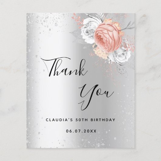 Carte de remerciements floral rose argenté (Devant)