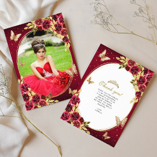 Carte De Remerciements Floral Rouge Or Tiara Butterfly Photo Quinceañera