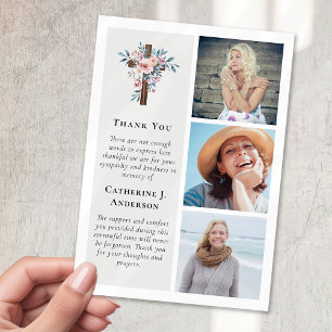 Carte De Remerciements Floral Rustic Cross 3 Photo Sympathy Funérailles
