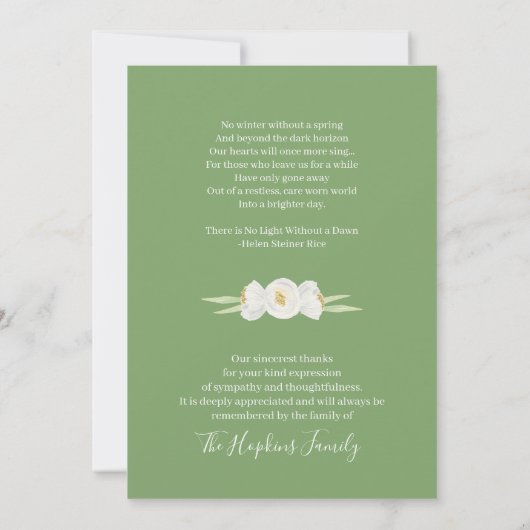 Carte De Remerciements Floral Vert & Blanc En Mémoire Amoureuse Funéraill (Dos)