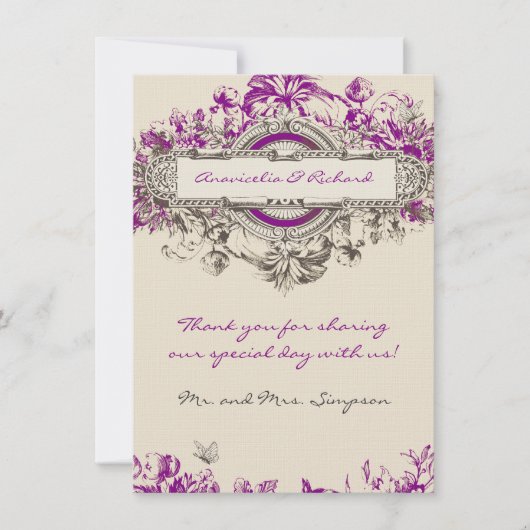 Carte de remerciements floral vintage gris pourpre (Devant)
