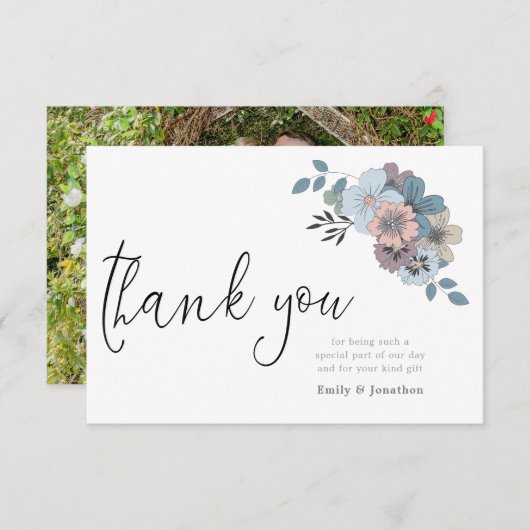 Carte De Remerciements Flore bleu poussiéreuse Illustration Script Photo (Devant / Derrière)