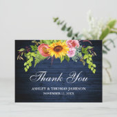 Carte De Remerciements Flore de tournesol en bois bleu Mariage rustique (Debout devant)