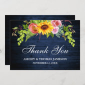 Carte De Remerciements Flore de tournesol en bois bleu Mariage rustique (Devant / Derrière)