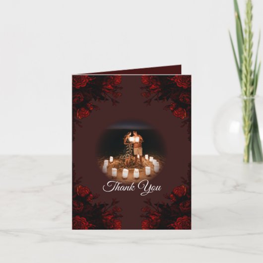 Carte De Remerciements Flore rouge profond Élégant Mariage gothique (Devant)
