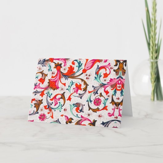 CARTE DE REMERCIEMENTS FLORENTINE RENAISSANCE ROUGE FLEURS, FLEURS (Devant)