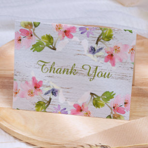 Carte De Remerciements Flores roses rustiques sur bois blanc