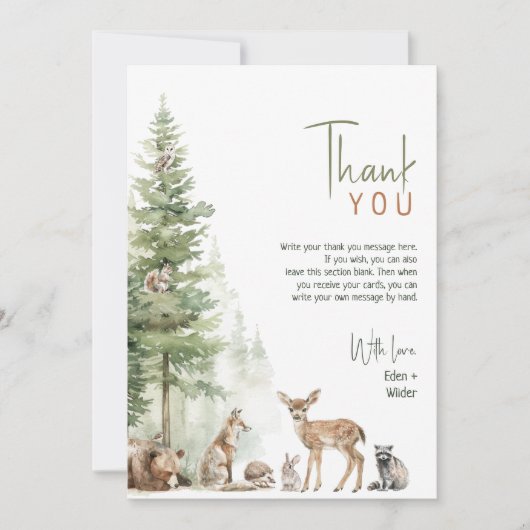 Carte De Remerciements Forêt Bois Animaux Baby shower vertical Plat (Devant)