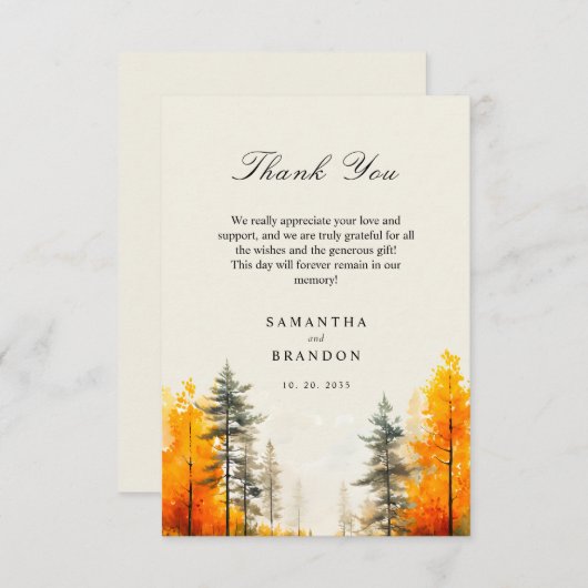 Carte De Remerciements Forêt en automne couleurs mariage (Devant / Derrière)