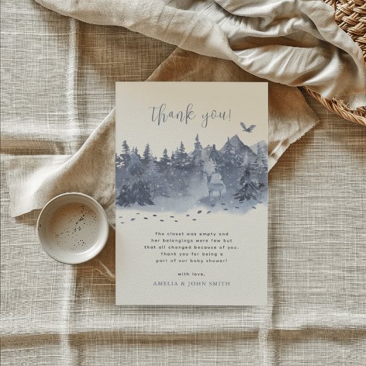 Carte De Remerciements Forêt neigeuse Bébé gris bleu Il fait froid dehors