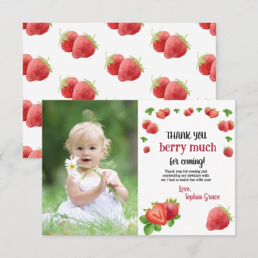 Carte De Remerciements Fraise 1er Anniversaire Fête Berry doux (Devant / Derrière)