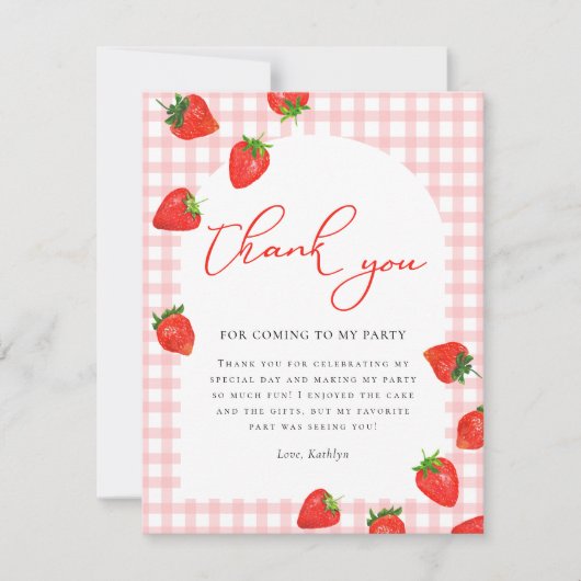Carte De Remerciements Fraise rose Berry Plaid Anniversaire (Devant)