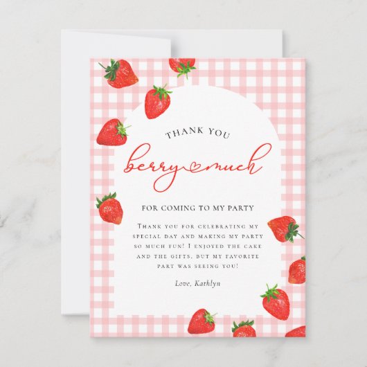 Carte De Remerciements Fraise rose Berry Plaid Anniversaire (Devant)