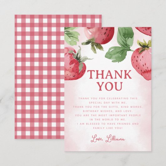 Carte De Remerciements Fraise rose mignonne (Devant / Derrière)