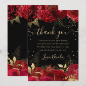 Carte De Remerciements Frontière Rose rouge et or Floral Anniversaire (Devant / Derrière)