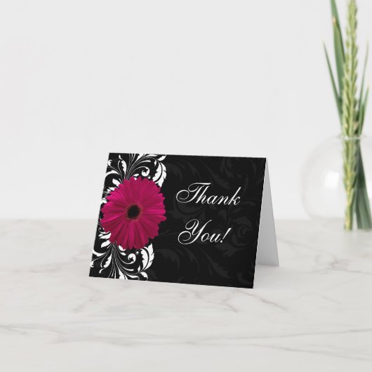 Carte De Remerciements Fuchsia Gerbera Scroll Daisy noir et blanc (Devant)