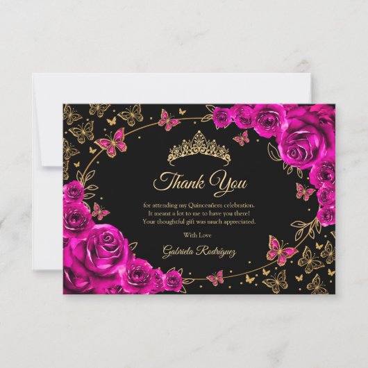 Carte De Remerciements Fuchsia Pink Gold Quinceanera (Devant)