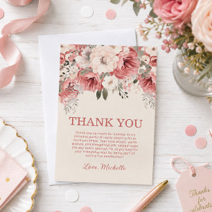 Carte De Remerciements Fuchsia Rouge Crème Aquarelle Floral Anniversaire