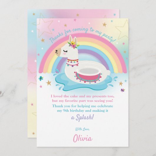Carte De Remerciements Fun Pool Party de la Llama Rainbow (Devant / Derrière)