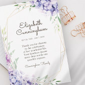 Carte De Remerciements Funérailles commémoratives Hydrangea Lilac Fleurs 