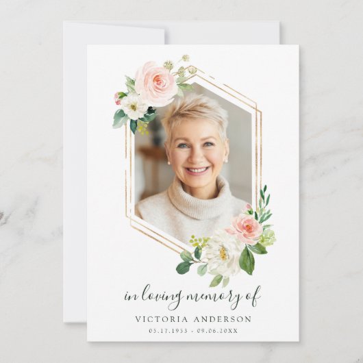 Carte De Remerciements Funérailles d'Hexagon d'or à fleurs blanches (Devant)