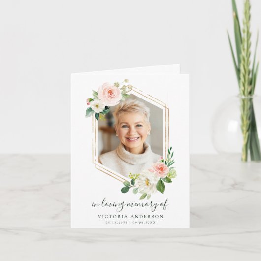 Carte De Remerciements Funérailles d'Hexagon d'or à fleurs blanches (Devant)