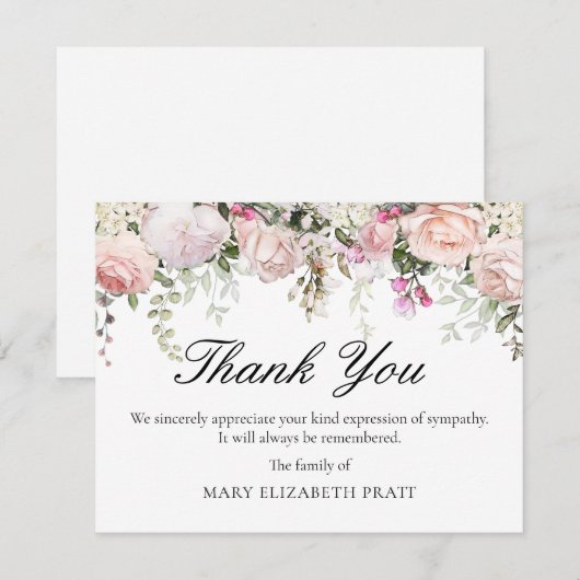 Carte De Remerciements Funérailles florales rose (Devant / Derrière)
