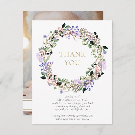 Carte De Remerciements Funérailles Memorial Lavender Floral Photo (Devant / Derrière)