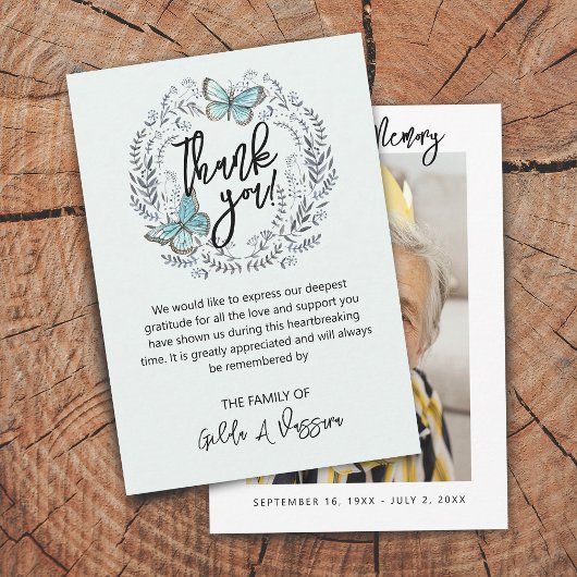 carte de remerciements funéraire floral à papillon