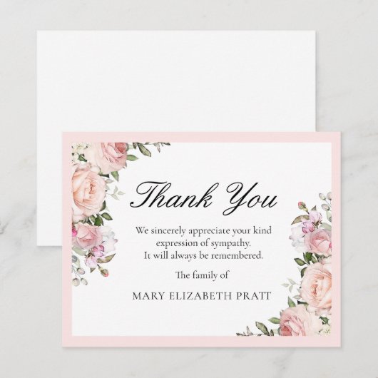 Carte de remerciements funéraire floral rose rusti (Devant / Derrière)