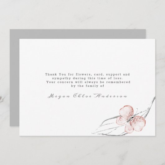 Carte de remerciements funéraire rose pâle papillo (Devant / Derrière)