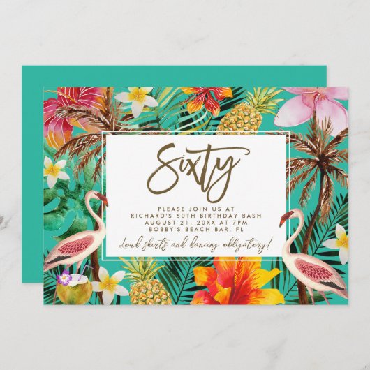 Carte De Remerciements funky flamingo tropical 60e anniversaire invitatio (Devant / Derrière)