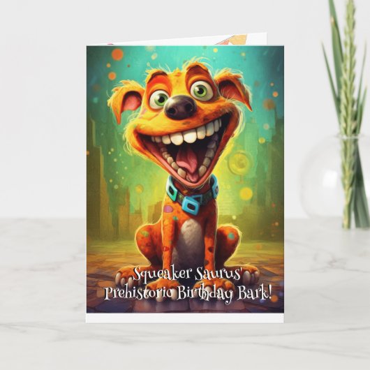 Carte De Remerciements Funny Chien Monster : Squeaker Saurus Anniversaire (Devant)