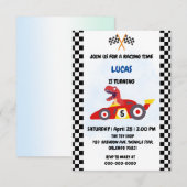 Carte De Remerciements Funny Dinosaur voiture de course garçon anniversai (Devant / Derrière)