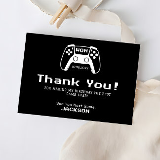 Carte De Remerciements Gamer Kids Birthday Party Black and White