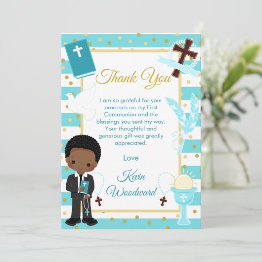 Carte De Remerciements Garçon afro-américain Première Communion rayure bl (Debout devant)